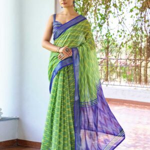 Olive Green Linen Ikkat Printed Saree