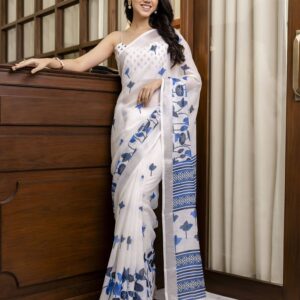 White Linen Floral Printed Saree