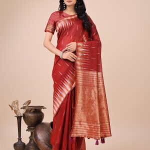Red Cotton Linen Woven Saree
