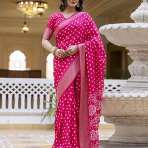 Ready To Wear Pink Dola Silk Bandhani Printed Saree