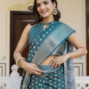 Ready To Wear Rama Green Dola Silk Bandhani Printed Saree