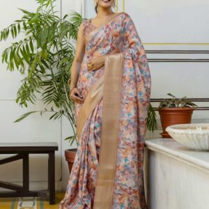Ready To Wear Light Brown Dola Silk Woven Border Printed Saree