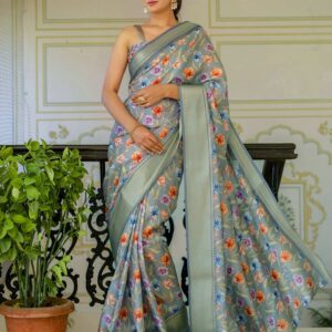 Ready To Wear Teal Green Dola Silk Woven Border Floral Printed Saree