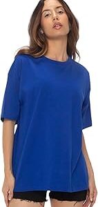 Women's Oversized Solid T-Shirt, Oversized Fit, Round Neck, Half Sleeve_581064_Blue_S