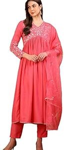 Women's Silk Blend Thread Work Embroidered A-Line Kurta Pant With Dupatta With Cotton Inner