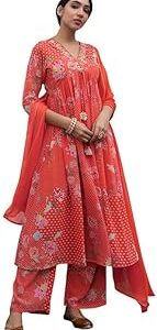 Women's Red Georgette Yoke Embroidery Gathered Kurta Set