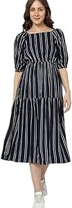Printed Polyester Square Neck Women's Midi Dress