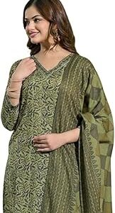 Women's Green Rayon Blend Floral Straight Printed Kurta Pant With Dupatta Set | Office Wear Straight Kurta Set | Printed Salwar Suit For Women