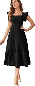 Girl's & Women's Solid Color Square Neck, Ruffle-Trimmed Hem Sleeveless, Ruffle Armhole and Casual Dress with Cinched Waist Vacation Outfits Woman (Dress 162)