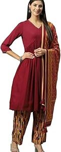 Women Maroon LIVA A-Line Kurta Palazzo Suit Set