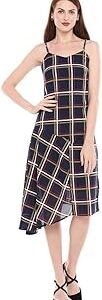 Womens Spaghetti Neck Checked Asymmetrical Dress
