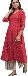 Women's Red Cotton Ethnic Motifs A-Line Kurta Set