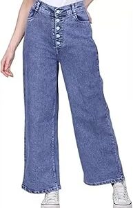 Women's High Rise Wide Leg Jeans | Stretchable Button Fly Denim | Casual Baggy Fit Black Washed Jeans for Girls & Women