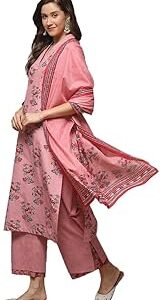 Women Salmon Cotton Straight Kurta Palazzo Suit Set