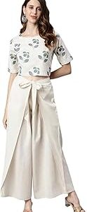 Women's Cream Cotton Flex Floral Print Crop Top with Palazzo
