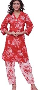 Printed Cotton V-Neck Womens Salwar Kurta Dupatta Set