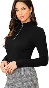 Women's Half Zip Mock Neck Long Sleeve Slim Fit Casual Tee Top, 23" inches (Thar-01-P)