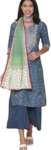 Women Blue Cotton Straight Kurta Flared Palazzo Suit Set