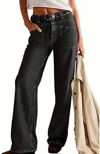 Women's High-Waisted Wide Leg Jeans with Front Patch Pockets ? Vintage Black Denim, Relaxed Fit
