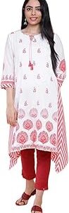 Women White and Coral Cotton A-Line Printed Kurta