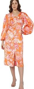 Printed Polyester V Neck Women's Midi Dress