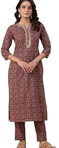 Women's Maroon Cotton Ethnic Motifs Regular Kurta Set