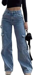 Fashion Women Cargo Jeans | High Waist Stretchable Wide Leg Loose Fit Denim| Boyfriend Cargo Jeans for Women(WJ1-1234)