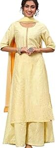 Women Lime Yellow Art Silk Straight Kurta Sharara Suit Set