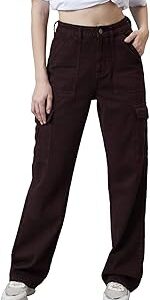 Women's Cotton Mid Rise Regular Fit Brown Cargo Jeans for Womens