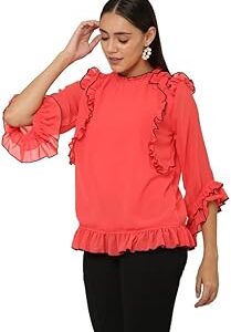 Polyester Tops for Women & Girls | Regular Fit | Full Stitched | Ruffled Style | Lightweight | Quick Dry | Breathable | 3/4 Sleeve | Ideal for Casual Outings & Events