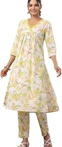 Women's White Cotton Floral Printed A-Line Kurta Set