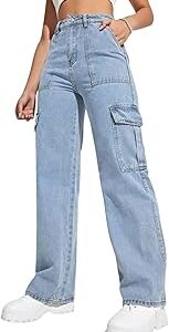 Denim Cargo Jeans for Womens & Girls | Six Pocket Bottom Wear Pants | High Waist | Regular Fit, Ankle Length Pant | Non Stretchable | Perfect for Formal & Casual Occasion (Ice Blue)
