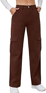 Women High Waist Relaxed Fit Casual Cargo Jeans_6PKT_Brown_AC