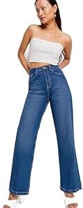 High-Waisted Wide Leg Jeans, Classic Medium Blue Wash, Straight Cut Denim