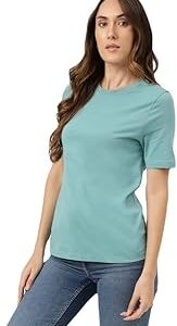 Womens Solid Cotton Crew Neck Regular Fit T-Shirt