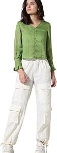 Self Design V-Neck Puff Sleeves Shirt Style Top