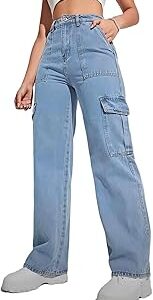 Women's Solid & Fancy Non Strachable Casual High-Waisted Cargo Jeans with 6 Pockets Denim Pants Wide Leg Straight Trousers for Women