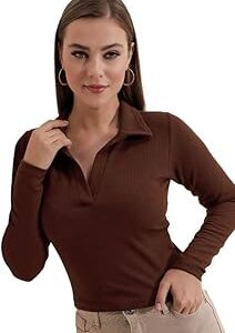 Women's Collared Neck Long Sleeve Slim Fit Casual Tee Top, 23" inches (Apple-01-P)