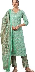 Women's Green Cotton Ethinc Motifs Regular Kurta Set