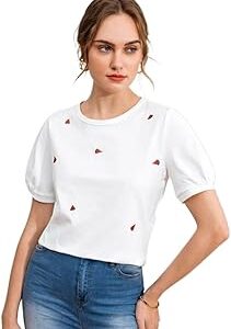 Casual Women's Round Neck and Puff Sleeves Stylish Printed Top - 23" inches (Tee-Ananya01)