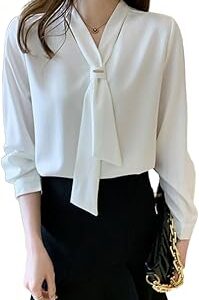 Elegant Women's Tie Neck Summer Long Sleeve V-Neck Chiffon Korean Style Plain Business Work Shirts Blouse Top