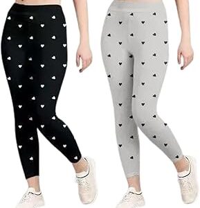 Sri Gv Women's & Girl's Slim Fit Heart Printed Stretchable Mid Rise Jeggings - Black&Light Grey, Ankle Length With (Free Size Pack Of 2) (Multi Colour & Waist 26 To 34)