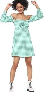 Green & White Checked Off-Shoulder A-Line Dress