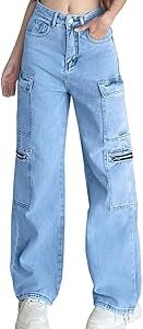 Wide Leg 8 Pocket Zipper High Waist Ankle Length Cargo Baggy Style Regular Fit Denim Jeans for Girls & Women