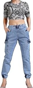 Women's Ice Denim Cargo Pants | Non-Stretchable, Relaxed Cargo Fit, High-Waist with Multiple Pockets (1036)