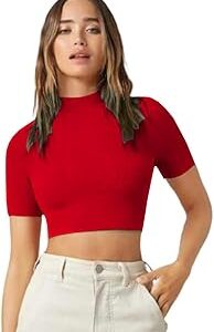 Women's High/Turtle Neck Short Sleeves Stylish Casual Crop Top, 17 Inches