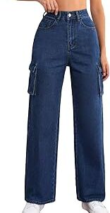 Women Beautiful & Comfortable Non Strachable Casual High-Waisted Cargo Jeans | 6 Pockets Denim Pants | Wide Leg Straight Trousers for Women Girls