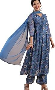 Women's Blue Lurex Chiffon Floral Gathered Kurta Set