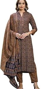 Women's Rayon Blend Kalamkari Printed Straight Kurta Pant With Dupatta