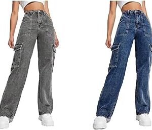 Women's Solid High Rise Relaxed Fit Cargo Jeans Pack of 2